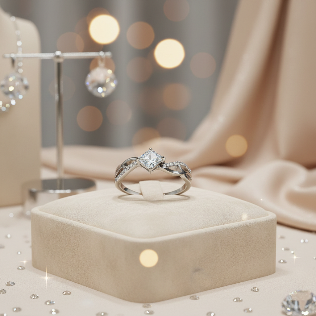 Princess-cut diamond ring with elegant jewelry background